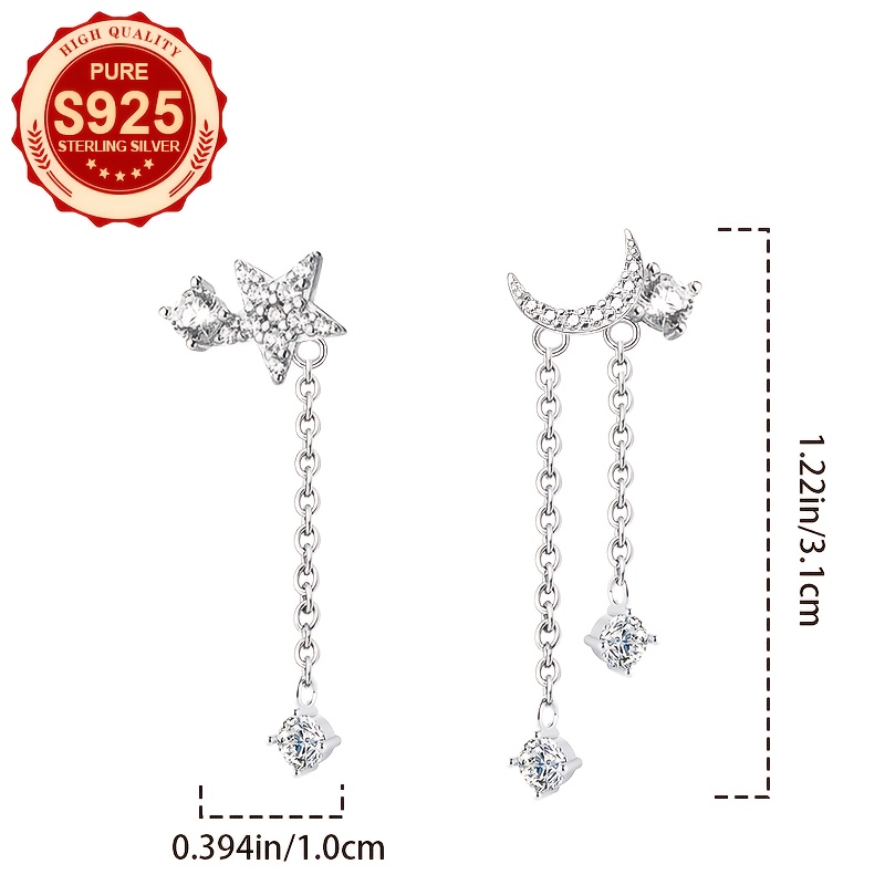 Women's S925 Silver Star & Moon Tassel Stud Earrings
